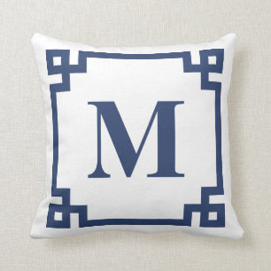 Navy Blue Greek Key Border Monogram Cushion