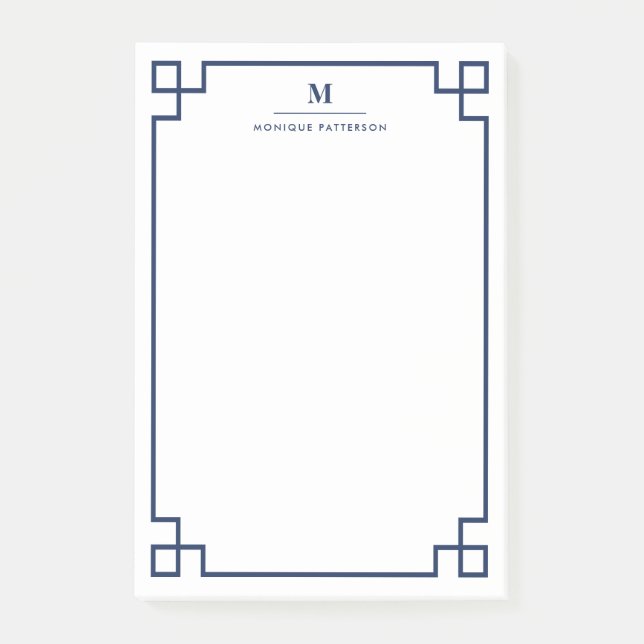 Navy Blue Greek Key Border Monogram Personalised Post-it Notes (Front)