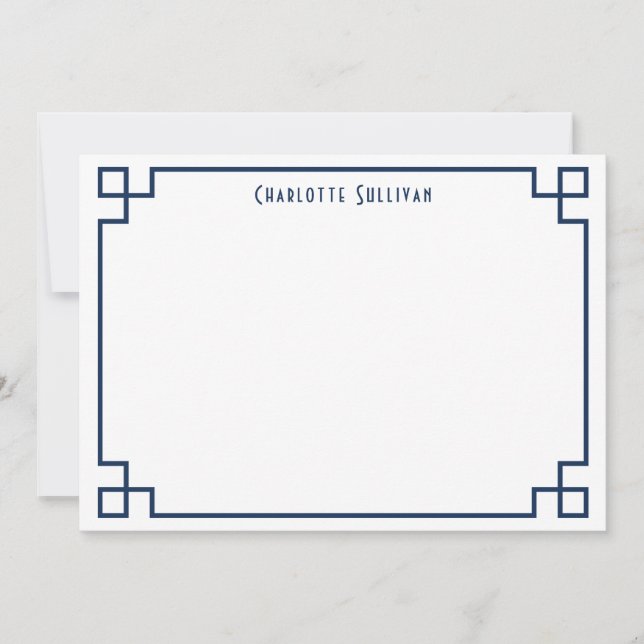 Navy Blue Greek Key Border Personalised Stationery Note Card (Front)