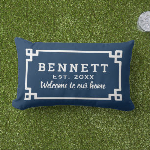Navy Blue Greek Key Monogram Welcome Lumbar Cushion