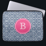 Navy Blue Greek Key Pattern Hot Pink Monogram Laptop Sleeve<br><div class="desc">Navy Blue Greek Key Pattern Hot Pink Monogram Laptop Sleeve. Customisable laptop sleeve featuring navy blue and white greek key pattern. Personalise by adding your own monogram.</div>