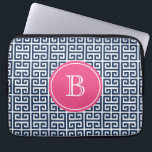 Navy Blue Greek Key Pattern Hot Pink Monogram Laptop Sleeve<br><div class="desc">Navy Blue Greek Key Pattern Hot Pink Monogram Laptop Sleeve. Customisable laptop sleeve featuring navy blue and white greek key pattern. Personalise by adding your own monogram.</div>