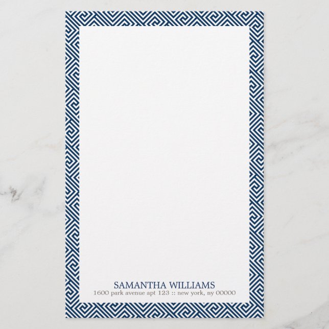 Navy Blue Greek Key Pattern Stationery (Front)