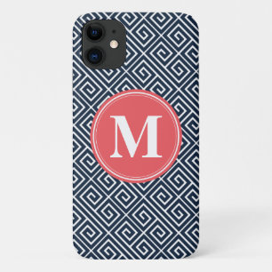 Navy Blue Greek Key Pattern Watermelon Monogram Case-Mate iPhone Case