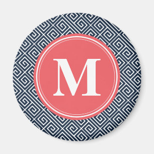 Navy Blue Greek Key Pattern Watermelon Monogram Magnet