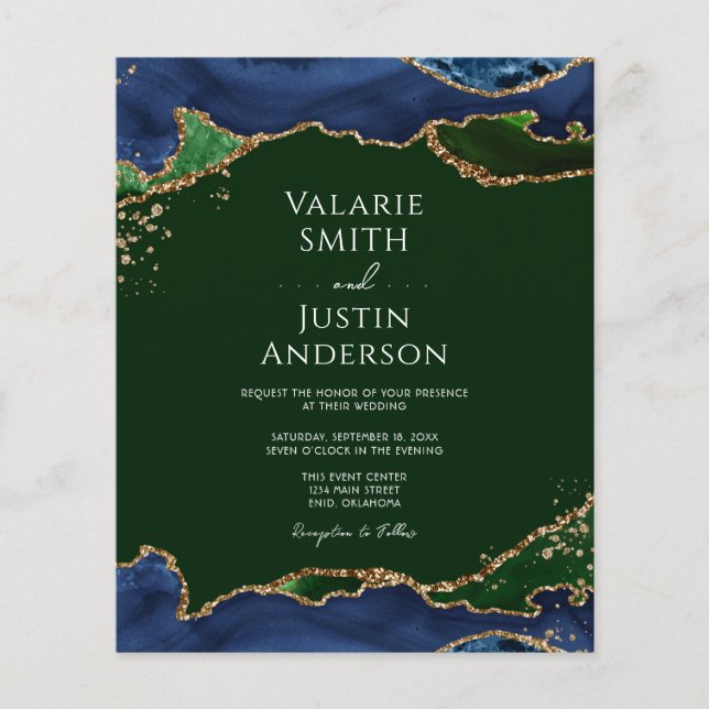 Navy Blue & Green Agate Wedding Flyer (Front)