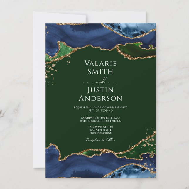 Navy Blue & Green Agate Wedding  Invitation (Front)