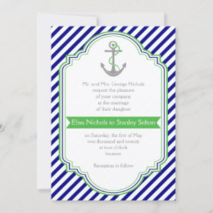 Navy blue, green anchor & stripes nautical wedding invitation
