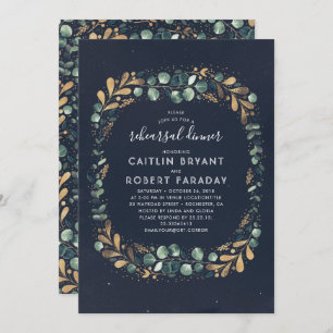 Navy Blue Green and Gold Greenery Rehearsal Dinner Invitation