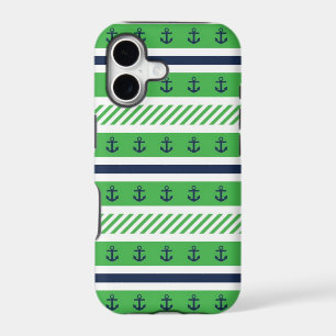 Navy Blue, Green and White Anchors Pattern