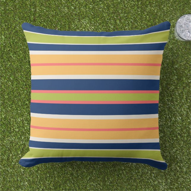 Navy Blue Green Coral and Orange Stripes | Outdoor Cushion (Grass)