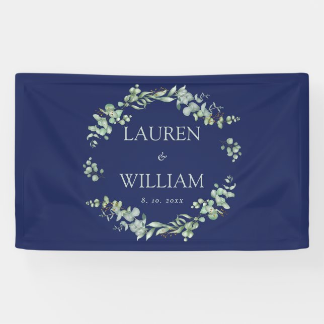 Navy Blue Green Greenery Wedding Banner (Horizontal)