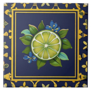 Navy Blue & Green Lime Citrus Fruit Mediterranean Tile