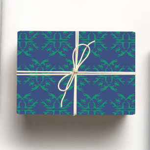 Navy Blue & Green Loch Ness Monster Damask Wrapping Paper Sheet