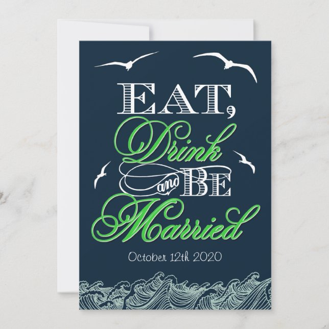 Navy Blue & Green Nautical Wedding Invitations (Front)