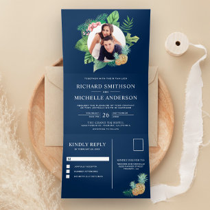 Navy Blue Green Palm Leaves Wreath Photo Wedding Tri-Fold Invitation