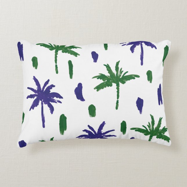 Navy Blue Green Palm Pattern Decorative Cushion (Front)