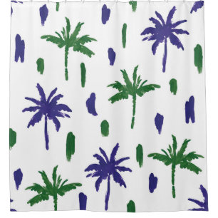 Navy Blue Green Palm Pattern Shower Curtain