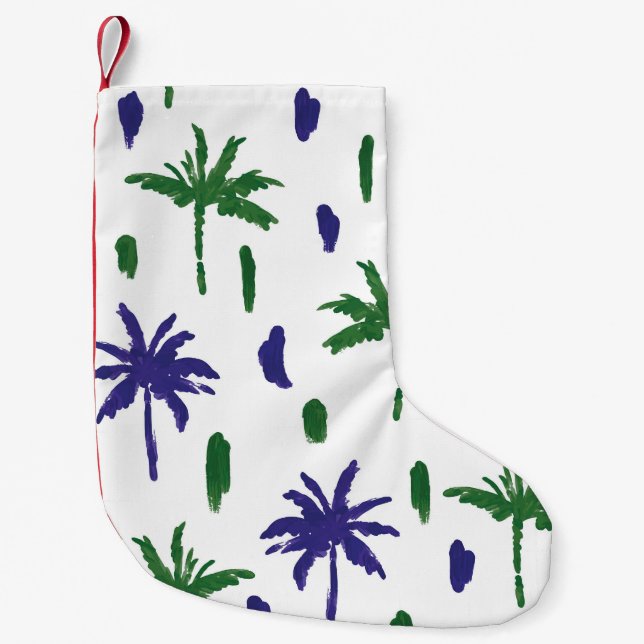 Navy Blue Green Palm Pattern Small Christmas Stocking (Front)