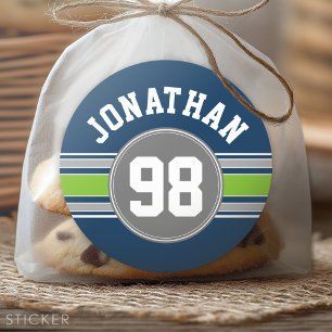 Navy blue Green Sports Jersey Stripes Name Number Classic Round Sticker