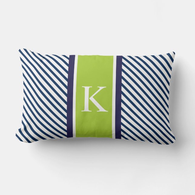 Navy Blue Green Stripes & Monogram Lumbar Cushion (Front)