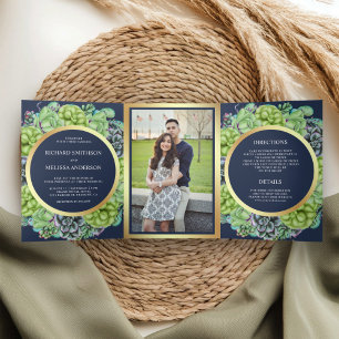 Navy Blue Green Succulent Wreath Photo Wedding Tri-Fold Invitation