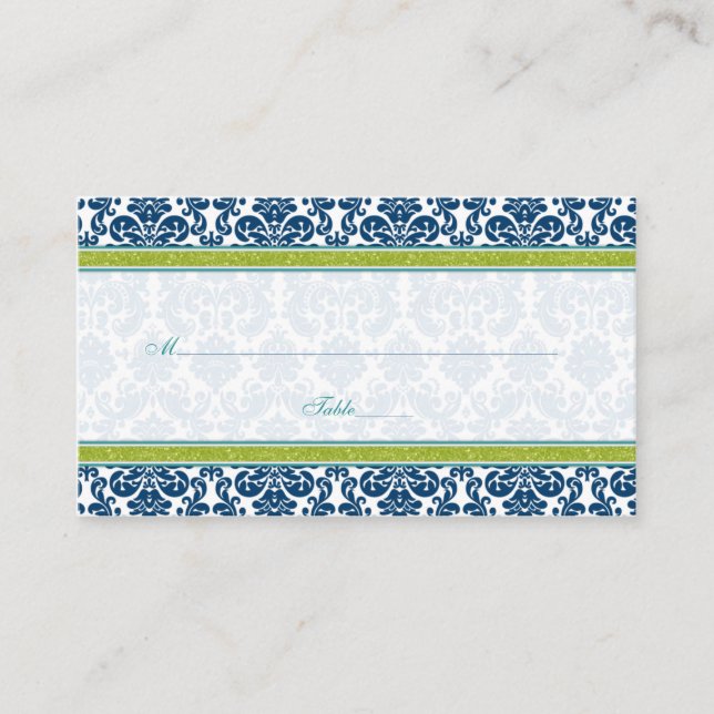 Navy Blue Green Teal Damask Wedding Place Cards (Front)