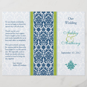 Navy Blue, Green, Teal Damask Wedding Program