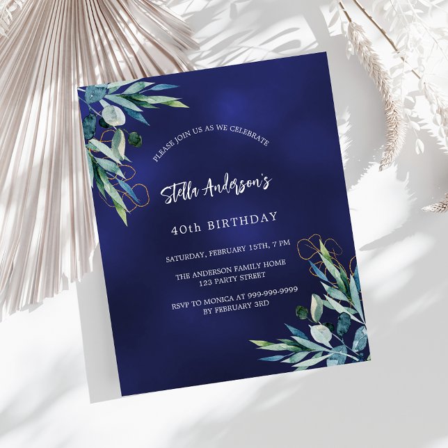 Navy blue greenery birthday invitation (Creator Uploaded)