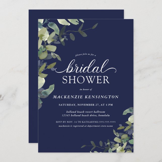 Navy Blue Greenery Botanical Bridal Shower  Invitation (Front/Back)