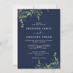 Navy Blue Greenery Botanical Watercolor Wedding Invitation