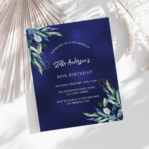 Navy blue greenery budget birthday invitation