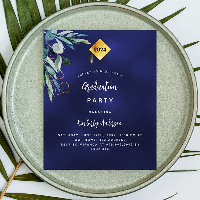 Navy blue greenery budget graduation invitation (Creator Uploaded)
