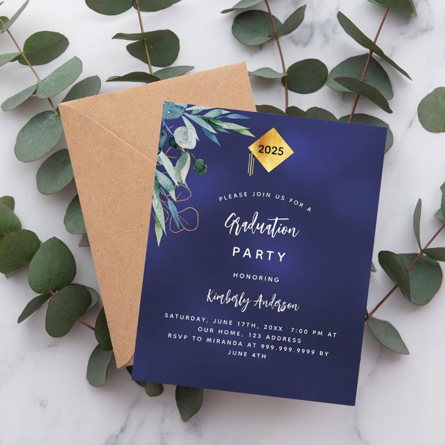 Navy blue greenery budget graduation invitation flyer (Creator Uploaded)