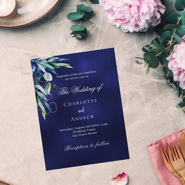 Navy blue greenery budget wedding invitation (Creator Uploaded)