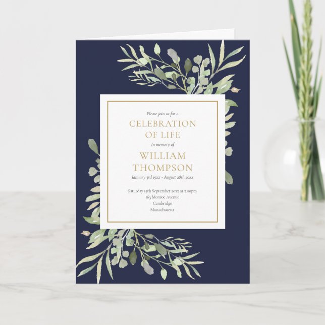Navy Blue Greenery Celebration of Life Funeral Invitation (Front)