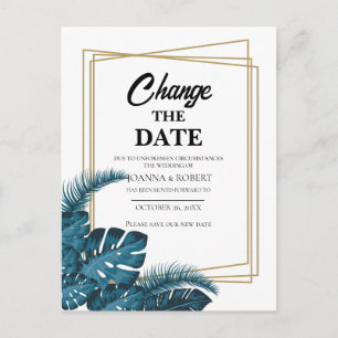 Navy blue greenery change the date postcard