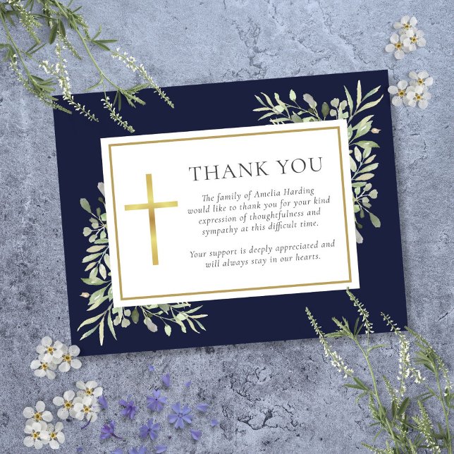 Navy Blue Greenery Christian Funeral Thank You Card (Navy Blue Greenery Christian Funeral Thank You Card)