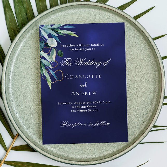 Navy blue greenery elegant wedding invitation (Creator Uploaded)