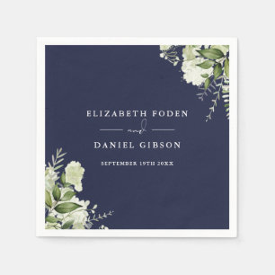 Navy Blue Greenery Floral Elegant Names Date Napkin