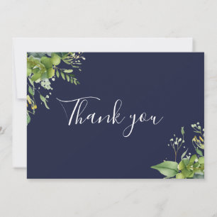 Navy Blue Greenery Floral Elegant Script Thank You Card