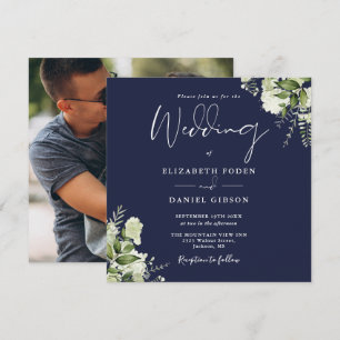 Navy Blue Greenery Floral Photo Square Wedding Invitation