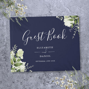 Navy Blue Greenery Floral Wedding Guest Book
