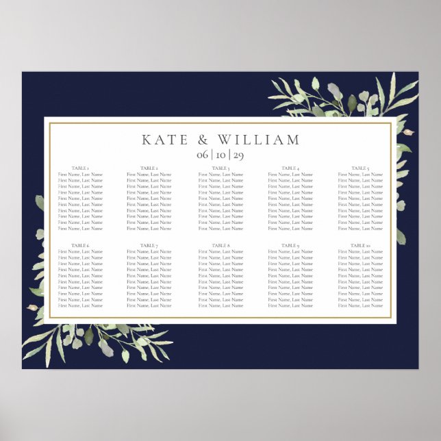 Navy Blue Greenery Foliage Wedding Seating Chart (Front)