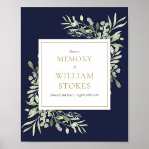 Navy Blue Greenery Funeral Share A Memory Sign