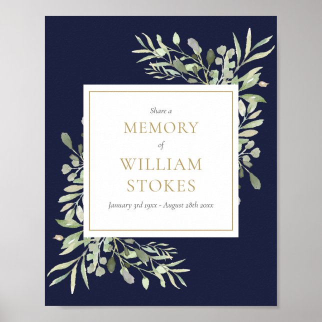 Navy Blue Greenery Funeral Share A Memory Sign (Front)
