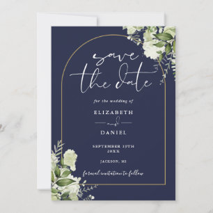 Navy Blue Greenery Gold Arch QR Code Wedding Save The Date