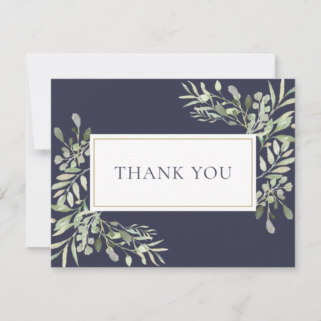 Navy Blue Greenery Leaves Business Thank You Card (Front)