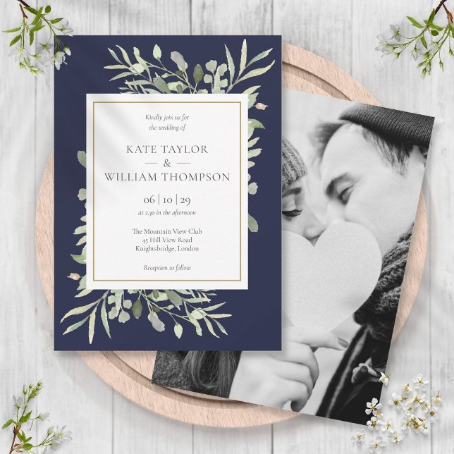 Navy Blue Greenery Leaves Photo Wedding  Invitation (Navy Blue Greenery Leaves Photo Wedding Invitation)