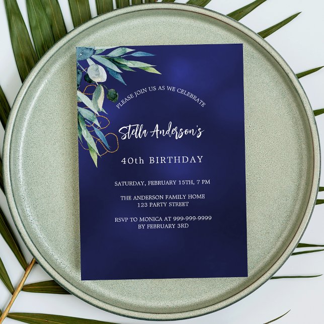 Navy blue greenery luxury birthday invitation (Creator Uploaded)